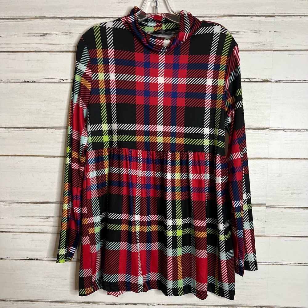 Women's Long Sleeve Plaid Tunic Dress in Red and Black